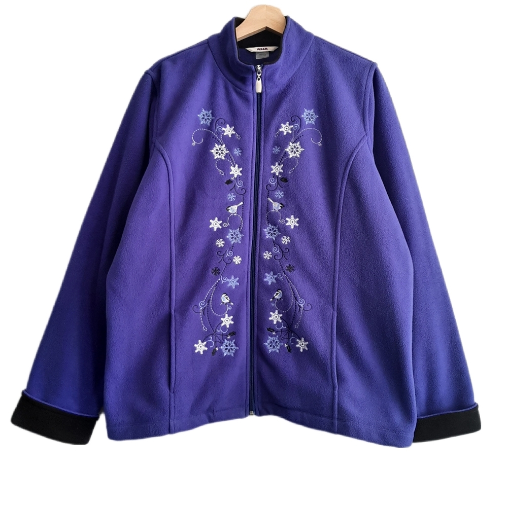 🍒 ALIA Embroidered Fleece Full-zip Light Jacket Sz XL
